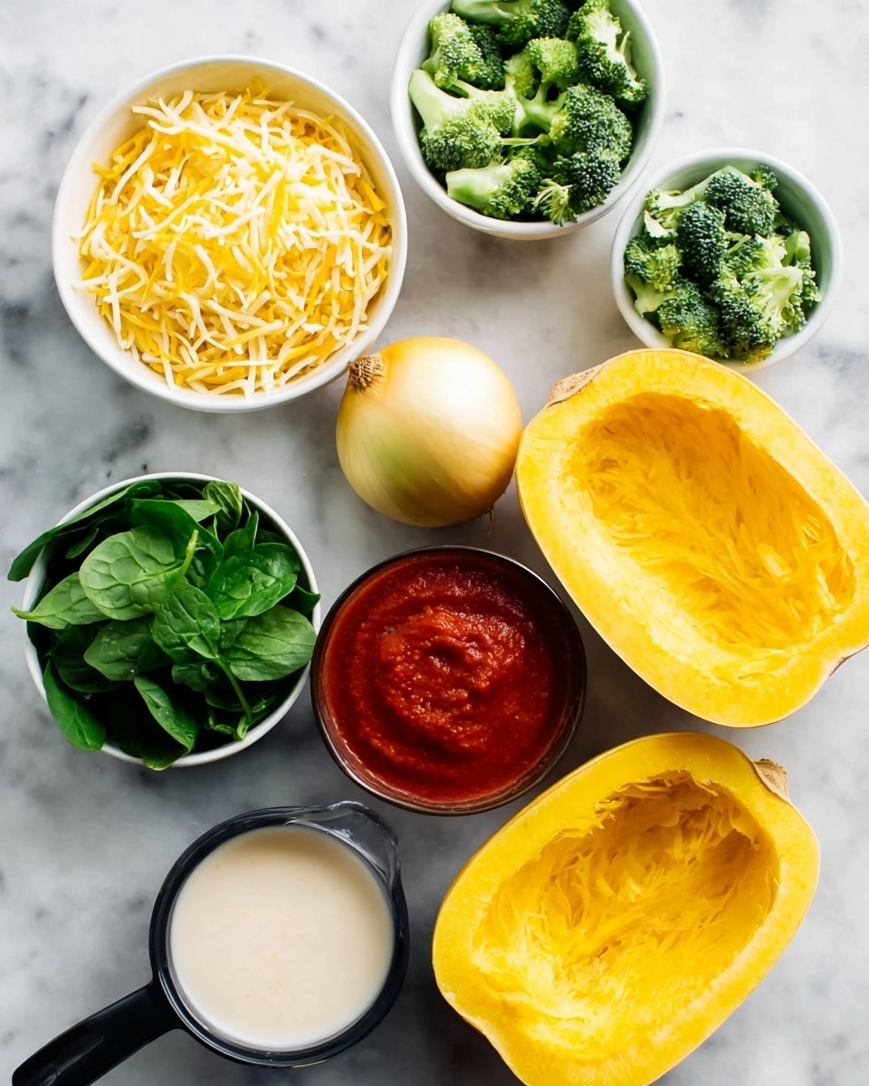 The image shows fresh cooking ingredients arranged on a white marbled surface. At the center right, there are two halves of a bright yellow spaghetti squash with a smooth inner texture. Surrounding the squash are small white bowls containing vibrant green spinach leaves, chopped broccoli, and a mix of shredded yellow and white cheese. There is also a medium-sized yellow onion with a smooth skin placed near the squash. Additionally, a black measuring cup filled with creamy white sauce and a white bowl containing rich red tomato sauce are visible. The overall scene is colorful with fresh, raw ingredients neatly placed, ready for cooking. photo taken with an iphone --ar 4:5 --v 7