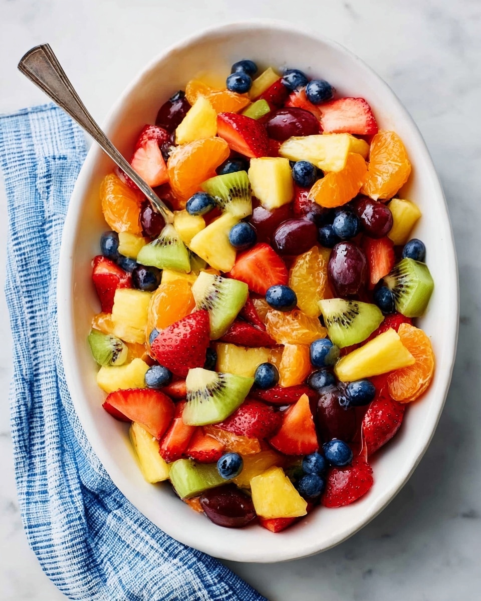A white oval dish filled with a colorful fruit salad showing three layers of mixed fruits. The bottom layer has light green slices of kiwi and bright yellow chunks of pineapple with a soft texture. The middle layer includes bright orange tangerine segments and red strawberry pieces with dotted seeds, spread evenly throughout. The top layer has round, dark blue blueberries and small purple grape halves scattered all over. A silver spoon rests inside the dish near the front on a white marbled surface with a blue and white checkered cloth partly visible on the side. Photo taken with an iphone --ar 4:5 --v 7
