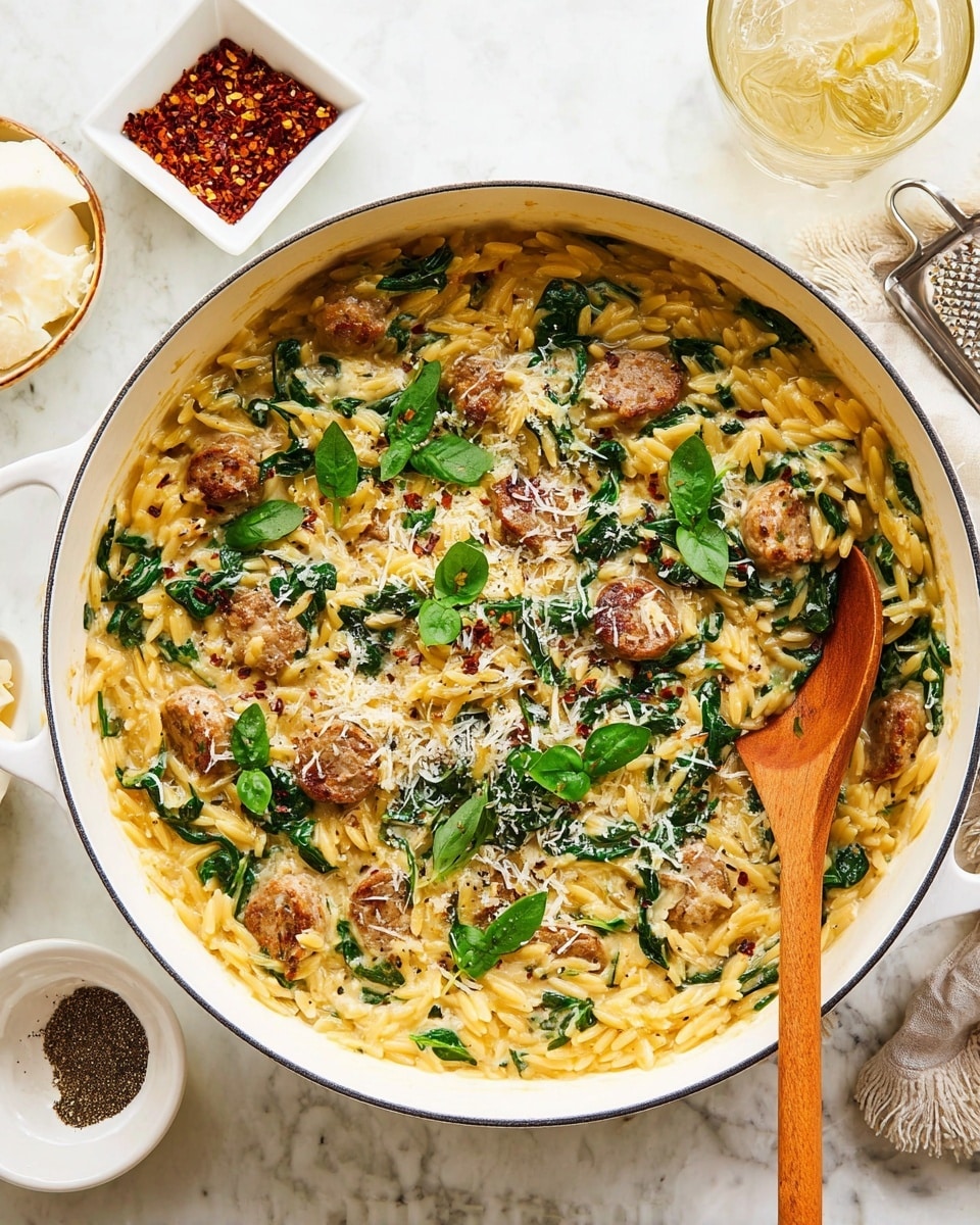 The image shows a white pot filled with a cooked dish consisting of three main layers: a base layer of yellowish orzo pasta, scattered round slices of browned sausage pieces on top, and fresh dark green spinach leaves mixed evenly throughout. The orzo looks soft and coated with a light, slightly shiny sauce, while the spinach adds a fresh color contrast. The pot has two handles and a wooden spoon resting inside, adjusting some of the food. The background is a white marbled surface. Photo taken with an iphone --ar 4:5 --v 7