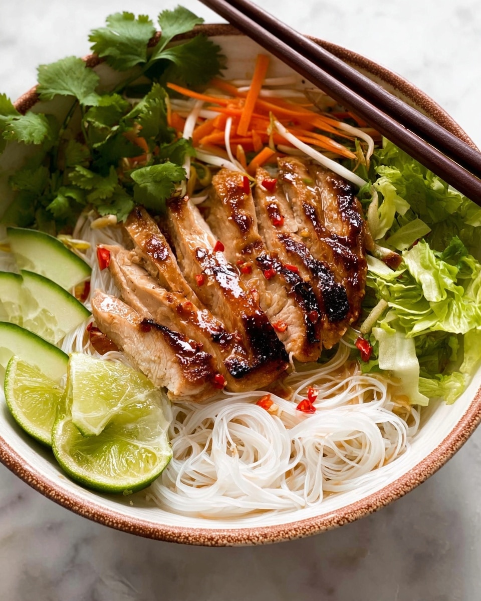 A white bowl filled with thin white rice noodles at the bottom, topped with grilled brown chicken slices with a glaze and red chili pieces on top, shredded bright orange carrots on the right, shredded light green lettuce, fresh green mint leaves and cilantro on the left, fresh cucumber sticks beneath the herbs, and two green lime wedges resting on top near the center. A pair of brown wooden chopsticks lay across the bowl, which sits on a white marbled surface. Photo taken with an iphone --ar 4:5 --v 7