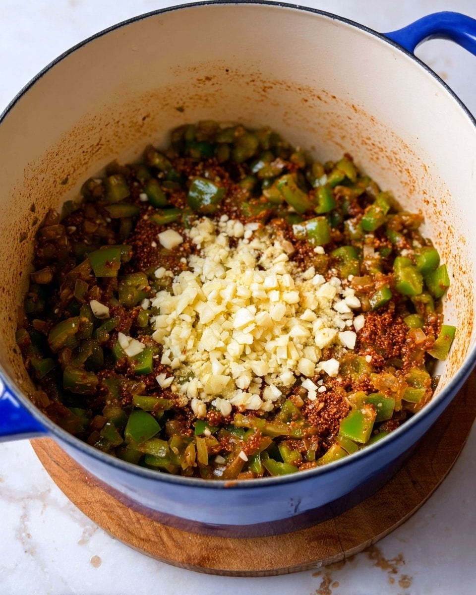 Inside a white pot with a blue outside, there is a mix of chopped green bell peppers and onions that are cooked with a reddish-brown seasoning. On top of this mixture, there is a central pile of finely chopped light yellow garlic pieces. The texture of the cooked vegetables looks soft and slightly oily, with some spices sticking to the side of the pot. The pot sits on a round wooden base, placed on a white marbled surface. photo taken with an iphone --ar 4:5 --v 7