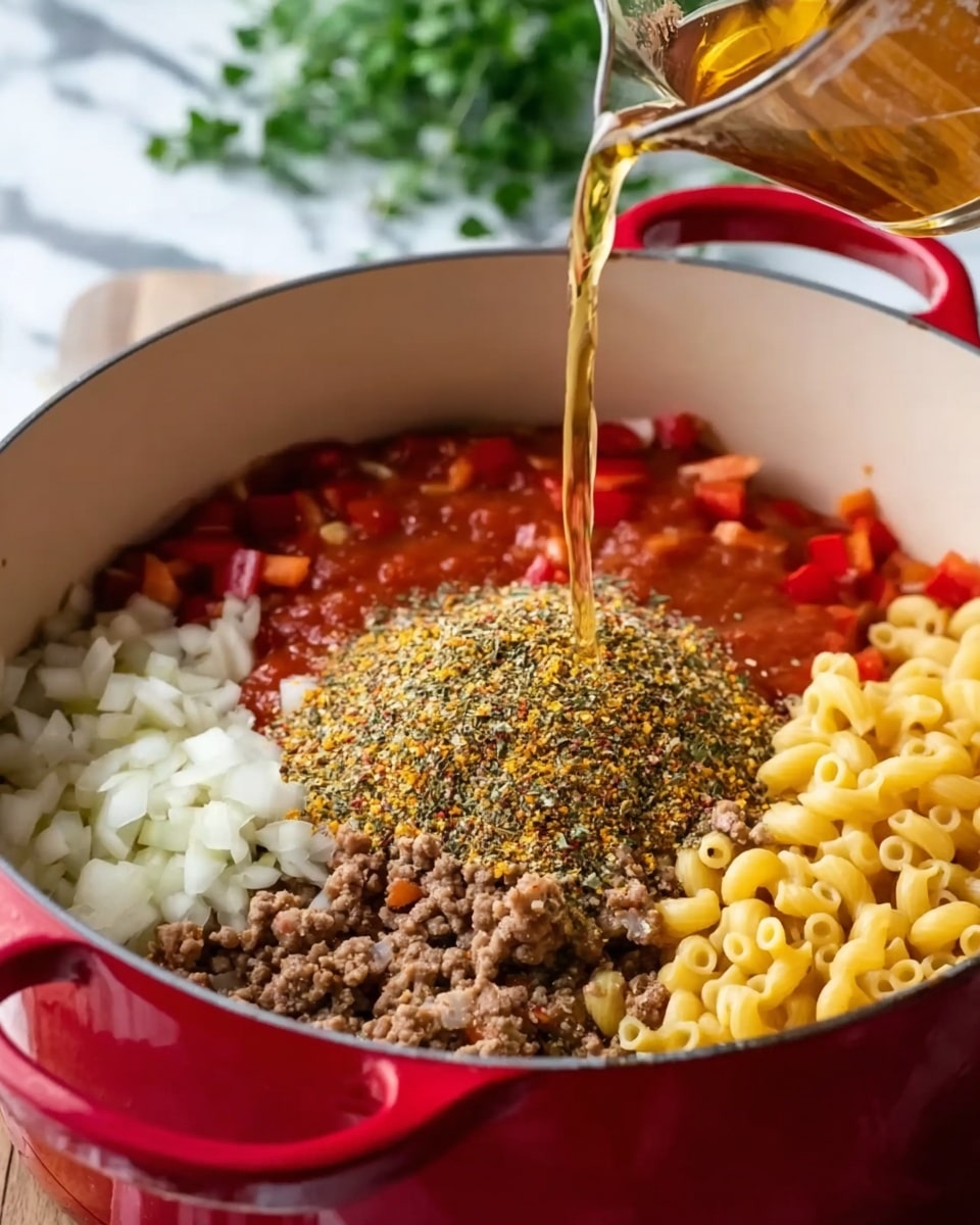 A close-up view of a red cooking pot with a white inside filled with several layers of ingredients. The bottom layer contains cooked ground meat mixed with chopped white onions and red bell pepper pieces on the left half. In the center, there is a heap of mixed dry seasoning with green, yellow, and red speckles. To the right, there is a pile of uncooked yellow elbow macaroni. A thick red tomato sauce layer is visible beneath the seasoning. A golden liquid is being poured from a glass measuring cup held by a woman's hand above the pot. The pot is placed on a white marbled surface with some green herbs blurred in the background. Photo taken with an iphone --ar 4:5 --v 7