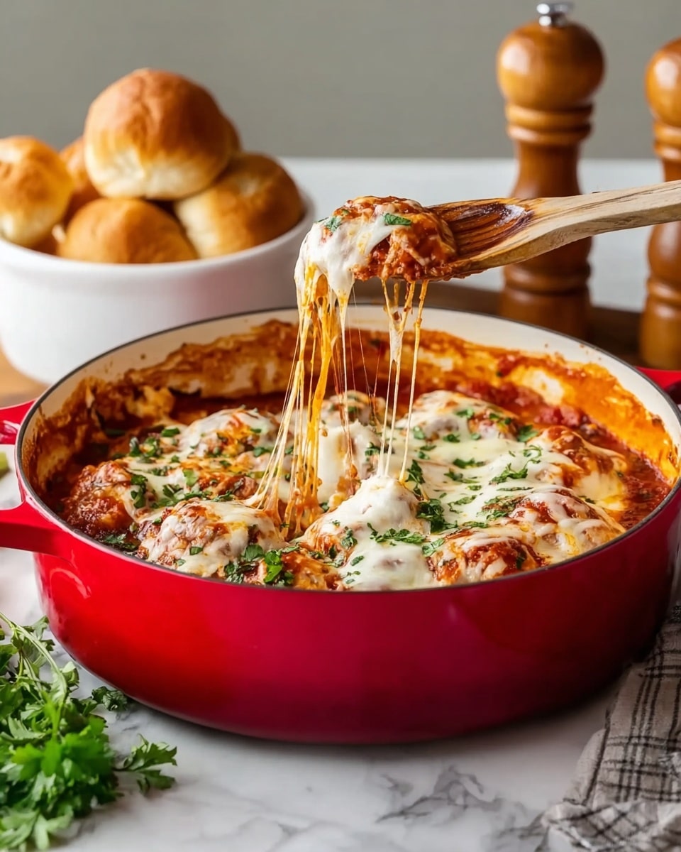 A red pan filled with a layered baked dish, showing melted white cheese stretched on a wooden spoon lifting from the center. The dish has a thick red tomato sauce base, scattered with chopped green herbs on top. The pan sits on a white marbled surface with a white bowl of golden-brown bread rolls and a pepper shaker in the background, along with a small bunch of fresh green herbs nearby. Photo taken with an iphone --ar 4:5 --v 7