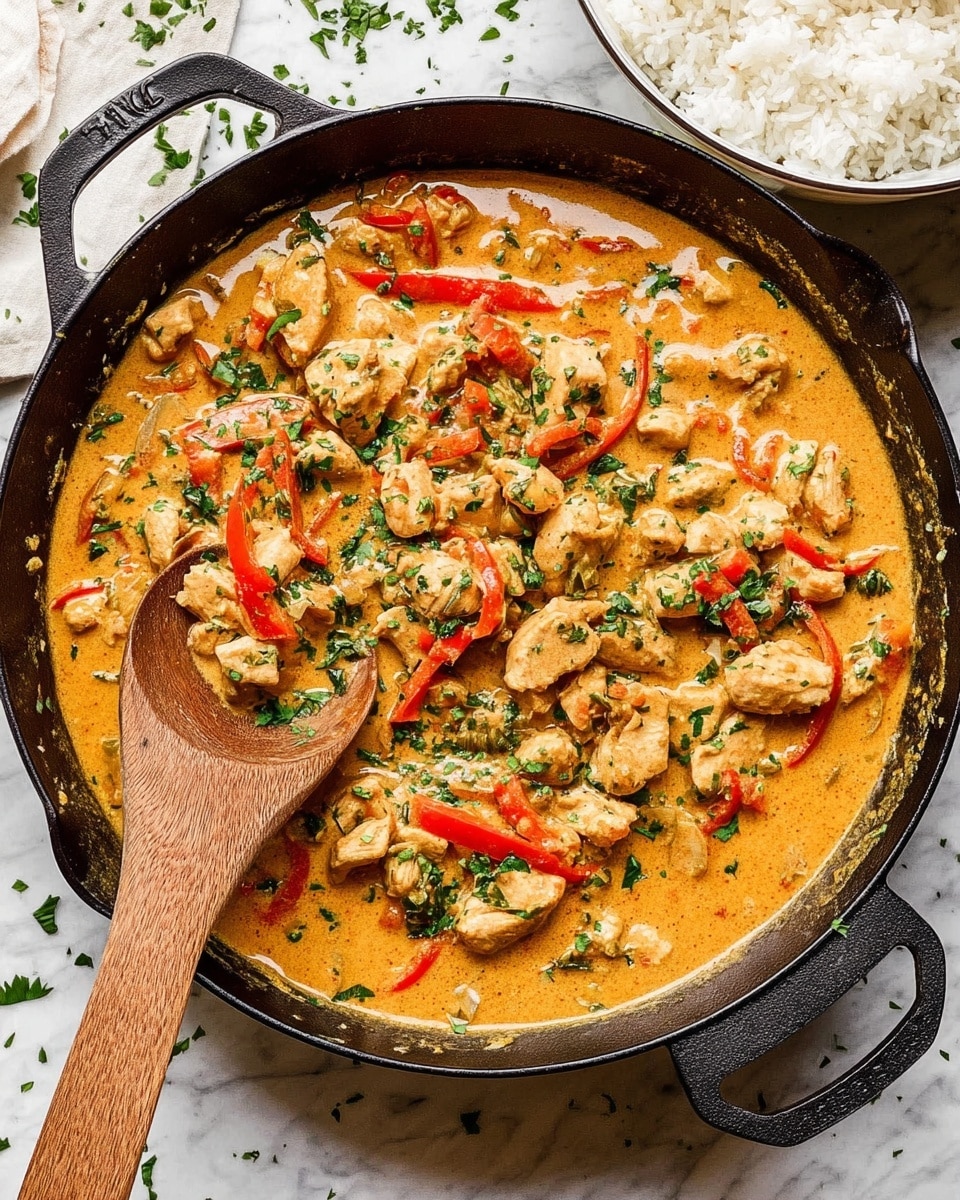 A black cast iron pan holds a creamy orange curry with small chunks of cooked light brown chicken scattered throughout. Thin red pepper strips are mixed in, adding bright color. Fresh green chopped herbs are sprinkled on top, giving a fresh look. A wooden spoon is partly dipped in the curry on the left side of the pan. The pan sits on a white marbled surface with some herbs scattered nearby. On the bottom right edge, a white bowl filled with plain white rice is partly visible. photo taken with an iphone --ar 4:5 --v 7