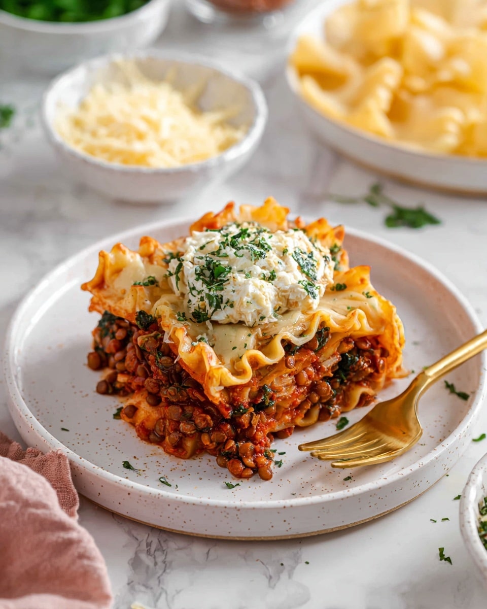 The dish shows a single serving of lasagna with about three main layers: the base layer has cooked pasta mixed with a rich red sauce and brown lentils with bits of cooked spinach; the middle layer is a mix of melted mozzarella cheese intertwined with the lentils and sauce; the top layer is a dollop of creamy white ricotta cheese with green herbs sprinkled on top. It is served on a white plate with subtle speckles, set on a white marbled surface. A gold fork rests on the plate’s right edge, and the background includes uncooked lasagna sheets and small white bowls with shredded cheese and chopped green herbs visible. Photo taken with an iphone --ar 4:5 --v 7
