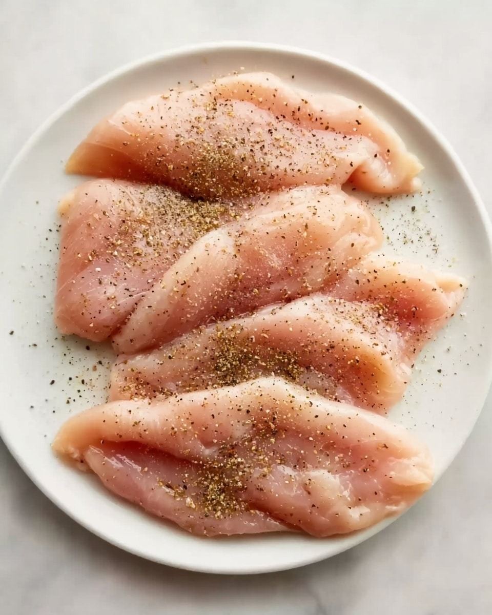 The image shows five thin, light pink pieces of raw chicken placed on a white plate, scattered with black pepper seasoning on top. Each piece is flat and smooth, slightly different in size and curved edges. The plate rests on a white marbled surface. photo taken with an iphone --ar 4:5 --v 7