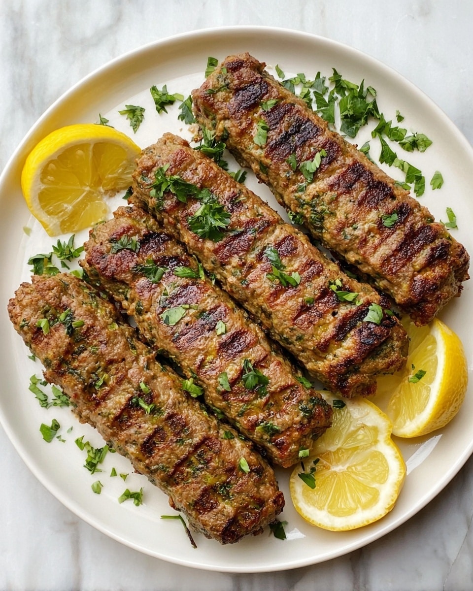 A white plate holds four grilled rectangular kebabs with a golden-brown color and visible grill marks, each kebab garnished with chopped green herbs scattered on top. Around the kebabs, there are three lemon wedges placed at the edge of the plate. The plate sits on a white marbled surface. The kebabs have a slightly textured surface with a mix of brown and green hues from the herbs. Photo taken with an iphone --ar 4:5 --v 7
