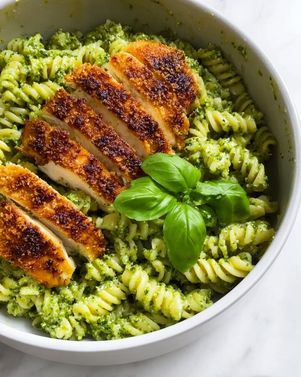 A white bowl filled with green pesto pasta made of spiral noodles with a textured sauce showing bits of herbs. On top, there are five warm golden-brown sliced pieces of crispy chicken arranged in a row slightly angled on the left side. There are a couple of fresh basil leaves placed near the pasta, adding a fresh green color. The background is a white marbled surface. Photo taken with an iphone --ar 4:5 --v 7