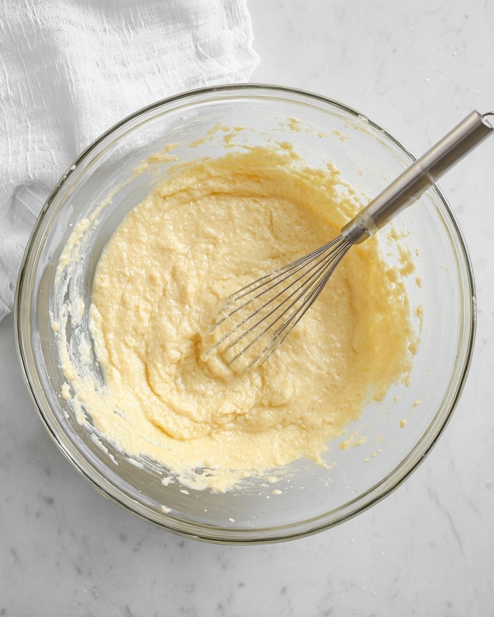 A clear glass bowl holds a thick, lumpy, light yellow batter that fills about half of the bowl. A metal whisk with a silver handle is resting inside the batter, its wires coated with the mixture. The bowl sits on a white marbled surface, and a white cloth is partially visible in the top left corner. The batter has a wet, creamy texture with some small clumps showing through, and the sides of the bowl have some streaks of batter. photo taken with an iphone --ar 4:5 --v 7
