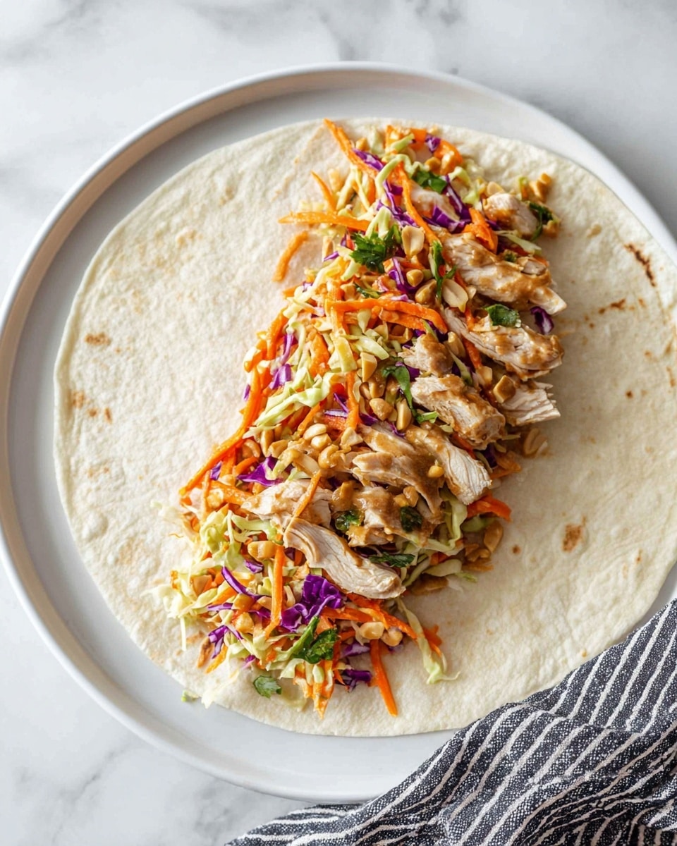 A large, soft, light beige tortilla spread out flat on a white plate with a white marbled surface underneath. On the left side of the tortilla, there is one layer of neatly sliced cooked chicken with a beige, lightly browned color. On top of the chicken is a colorful mix of shredded carrots in bright orange, shredded cabbage in light yellow and some purple, chopped green herbs, and some light tan peanuts, creating a textured and fresh look. Part of a woman's hand holding a striped black and white cloth is visible in the lower right corner. Photo taken with an iphone --ar 4:5 --v 7
