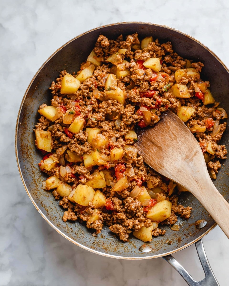 A cooking pan filled with a mixture of ground meat, small tomato pieces, chopped onion slices, and small yellow potato cubes. The meat has a browned, crumbly texture with a slightly oily shine, mixed evenly with soft, translucent onion pieces and bright yellow potato cubes that have a soft texture. There is a wooden spoon with a smooth, brown wood grain placed inside the pan, partially covered by the mixture as if stirring. The pan sits on a white marbled surface. photo taken with an iphone --ar 4:5 --v 7