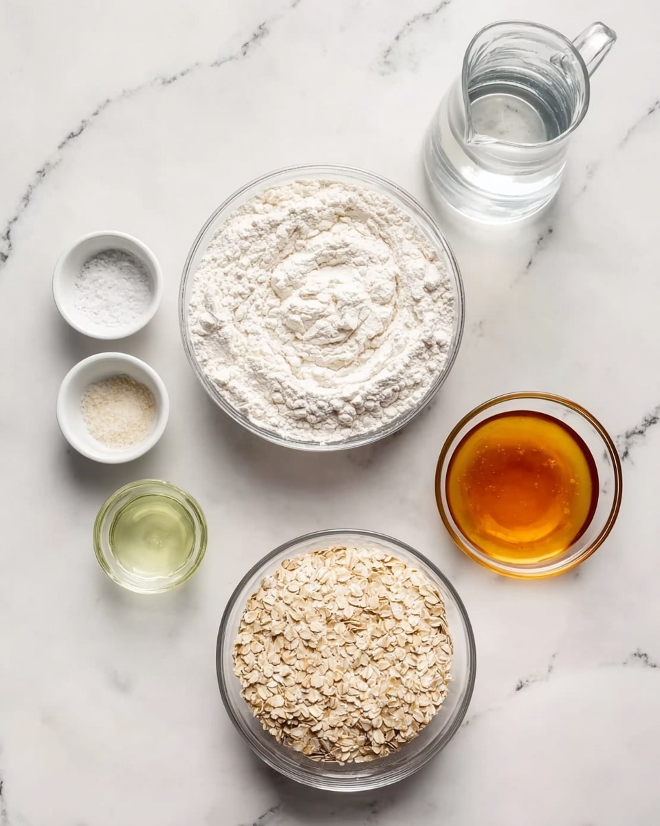The image shows six clear glass bowls on a white marbled surface. The largest bowl in the center is filled with white flour with a swirl pattern on top. Below it is a medium bowl filled with light brown rolled oats. To the right of the flour bowl, there is a bowl with golden honey that looks thick and sticky. Above the honey, a tall clear glass pitcher is filled with water. To the left of the flour bowl, a small bowl holds pale green oil, and above it is a tiny bowl with white salt. photo taken with an iphone --ar 4:5 --v 7
