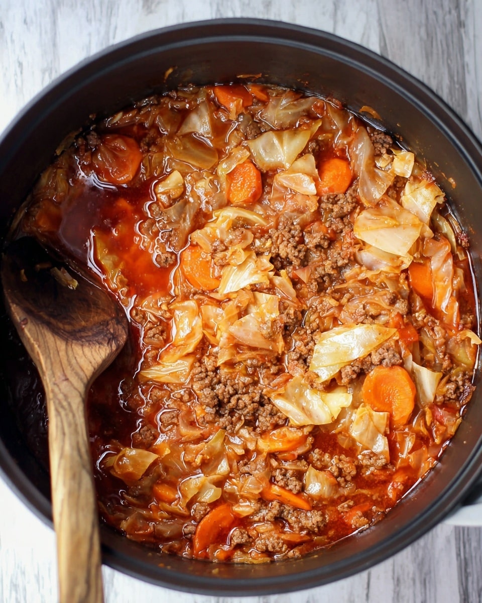 This image shows a black pot filled with a cooked stew that has three main layers visible: the base is a thick red sauce with a slight shine, the middle layer has soft, light brown cabbage pieces and orange carrot slices scattered throughout, and the top layer includes small browned ground meat chunks mixed evenly with the vegetables. A large wooden spoon is resting inside the pot on the left side, partially immersed in the stew. The pot sits on a white marbled surface with a subtle texture. photo taken with an iphone --ar 4:5 --v 7