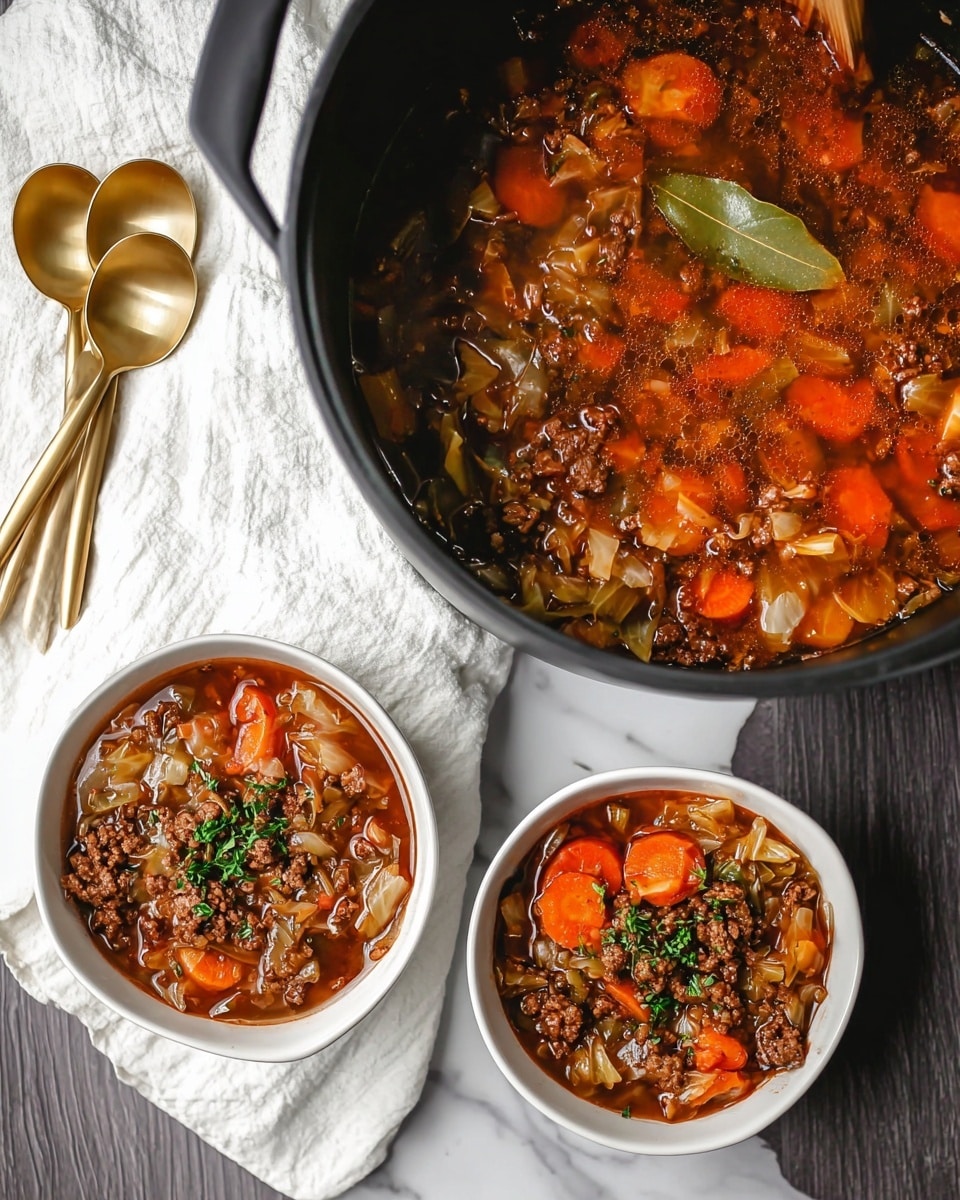 The image shows a thick stew with three layers: a dark black pot filled with reddish-brown stew containing cooked ground meat, translucent cabbage pieces, orange carrot slices, and a bay leaf floating on top, placed on a white marbled surface with a white cloth beside it. In front of the pot, two white bowls are filled with the same stew, showing layers of meat, carrot, cabbage, and some green herbs sprinkled on top. On the left side of the image, there is a set of gold-colored spoons placed on the white cloth. photo taken with an iphone --ar 4:5 --v 7