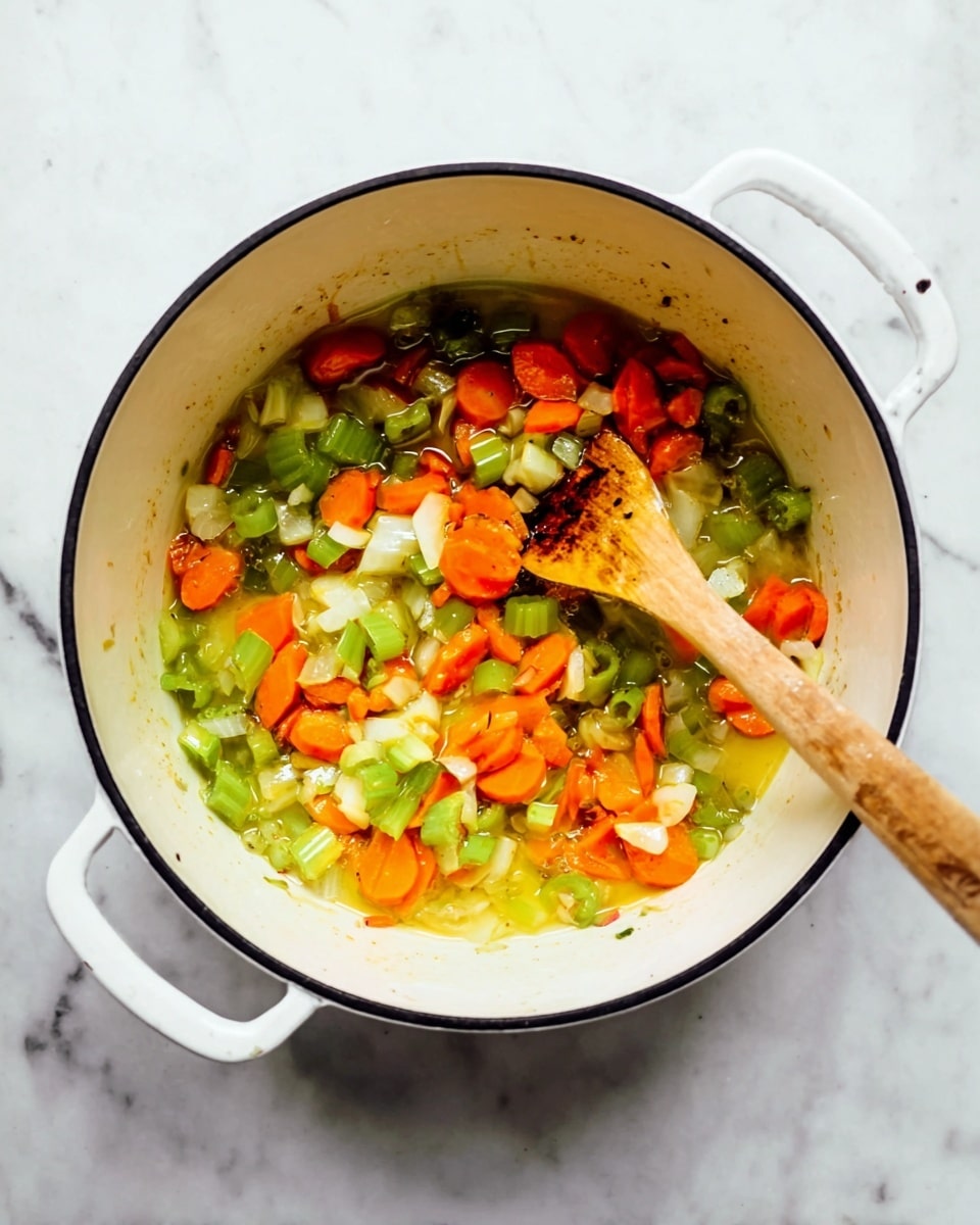 A white pot with a black rim sits on a white marbled surface. Inside the pot, there is a mix of cooked vegetables including bright orange carrot slices, vibrant green celery pieces, and small white onion chunks. The vegetables appear to be lightly sautéed in a layer of melted butter or oil, giving the mixture a shiny, soft texture. A wooden spoon rests inside the pot, partially soaked and stained with the cooking liquid. The scene looks warm and homey, with a clear focus on the fresh, colorful vegetables and the simple cooking process. photo taken with an iphone --ar 4:5 --v 7