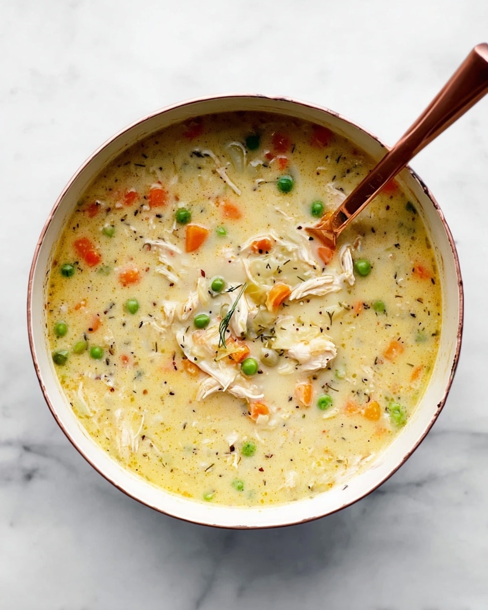 A white bowl filled with creamy chicken and vegetable soup, showing about three layers of chunky ingredients in a thick, pale yellow broth. The top layer has visible green peas, small orange carrot pieces, and white shredded chicken bits, mixed evenly throughout. The soup has a smooth, slightly textured look with specks of black herbs scattered throughout. A copper ladle with a wooden handle is partly dipped into the soup from the right side. The bowl sits on a white marbled surface that adds a clean and soft contrast to the warm colors of the soup. photo taken with an iphone --ar 4:5 --v 7