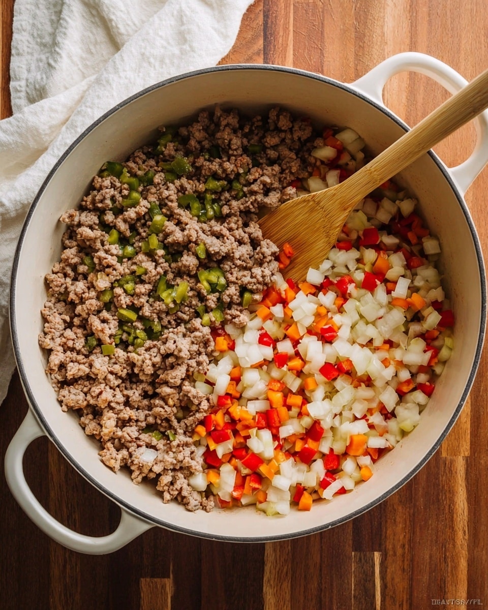 A white pot sits on a wooden surface with cooked ground meat mixed with small green pepper pieces on the left half and a mix of small white, red, green, and orange vegetable cubes on the right half. A wooden spatula lies on top, resting across the pot's middle. A white cloth is partially visible in the upper left corner. The scene has a warm, home-cooked feel. photo taken with an iphone --ar 4:5 --v 7