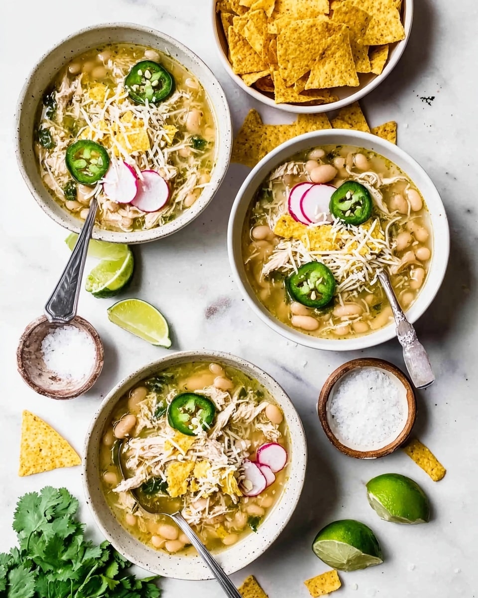 The image shows three bowls of white bean soup placed on a white marbled surface. Each bowl has a light broth base filled with white beans and shredded chicken. On top, there are thin slices of green jalapeño peppers and pinkish-red radish slices, adding bright green and pink colors. Shredded white cheese and crushed yellow tortilla chips are sprinkled over the soup, creating a layered texture. A silver spoon rests inside two of the bowls. Around the bowls, there are multiple whole yellow tortilla chips scattered, along with lime wedges—one half lime and one lime piece—and a few fresh green cilantro leaves. Two small bowls with coarse salt and a white creamy sauce are also placed on the side. Photo taken with an iphone --ar 4:5 --v 7