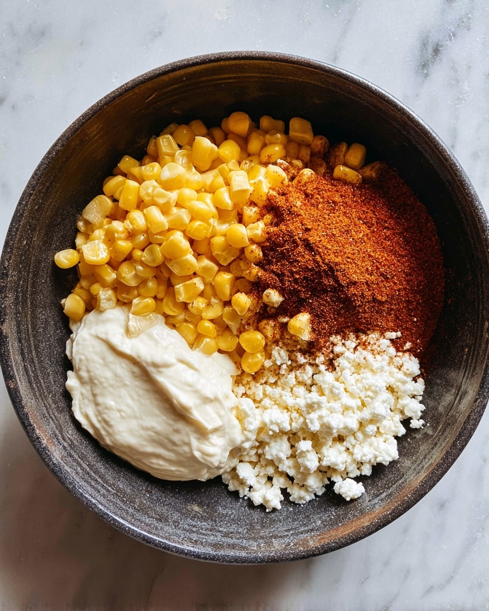 A dark round bowl holds a mixture with five visible sections: bright yellow corn kernels filling two parts, a dollop of smooth off-white cream in one corner, small white cheese crumbles next to the cream, a fine pile of white crumbly cheese near the bottom edge, and a mound of reddish-brown spice powder covering part of the corn. The bowl sits on a white marbled surface. photo taken with an iphone --ar 4:5 --v 7