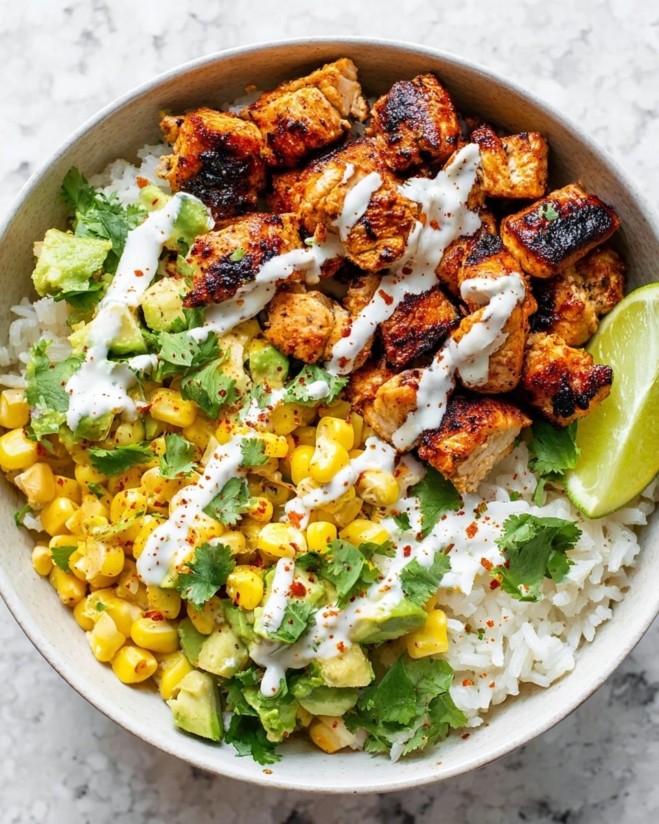A white bowl filled with three main layers: the bottom layer is white rice with a slightly fluffy texture, topped with a middle layer of bright yellow corn kernels mixed with fresh green cilantro leaves and small avocado chunks. On top, there is a layer of grilled chicken pieces with a golden-brown char and a drizzle of white creamy sauce sprinkled lightly with red spices. A wedge of green lime sits at the edge of the bowl. The bowl is placed on a white marbled surface. photo taken with an iphone --ar 4:5 --v 7