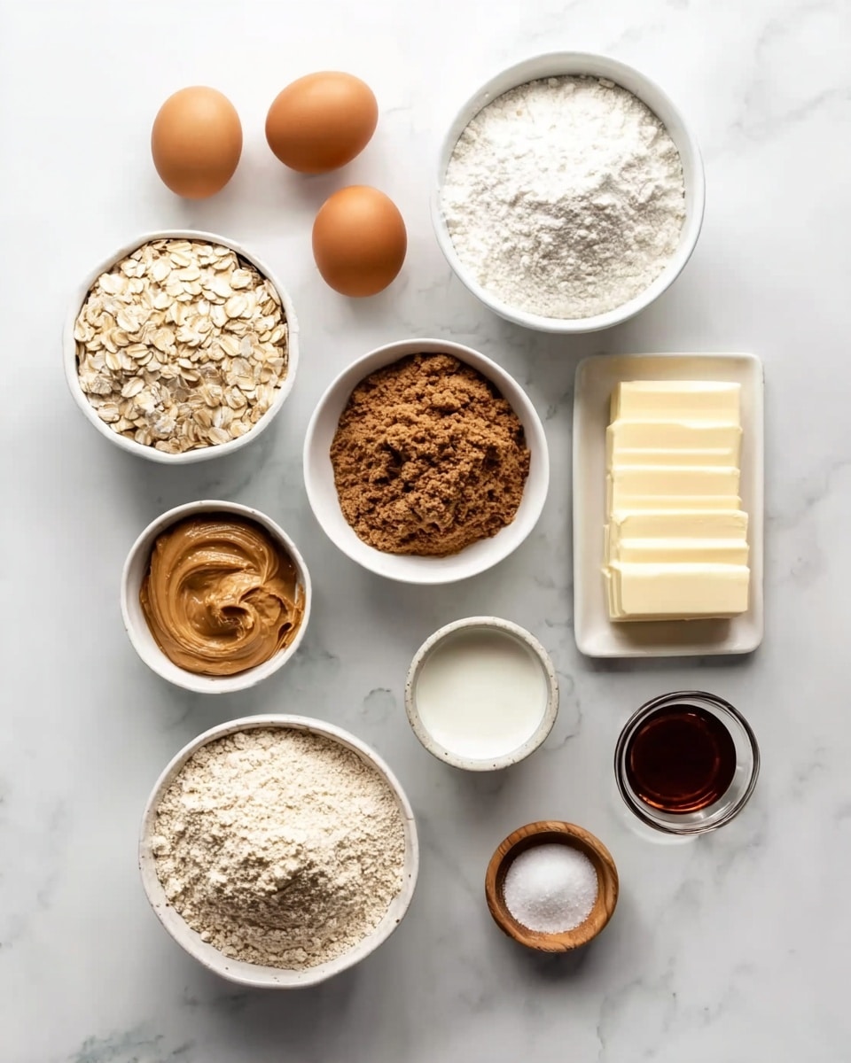 The image shows various baking ingredients arranged neatly on a white marbled surface. There are two brown eggs near the center, with four rectangular sticks of butter in a vertical line to the right. Bowls hold different ingredients: a large bowl of white powdered sugar at the top right, a medium bowl of light brown oats in the middle, a medium bowl of cocoa powder to the right of the oats, a bowl of peanut butter to the far left, a small white bowl of white granulated sugar near the bottom left, a small white bowl of brown sugar next to it, and a small white bowl with white flour slightly above these. At the bottom center there are two small wooden bowls—one with salt and one with baking powder. Near the butter is a small container of white liquid, likely milk, and above the eggs is a small glass container of dark vanilla extract. All items are seen from above, spaced out clearly on the white marbled background photo taken with an iphone --ar 4:5 --v 7