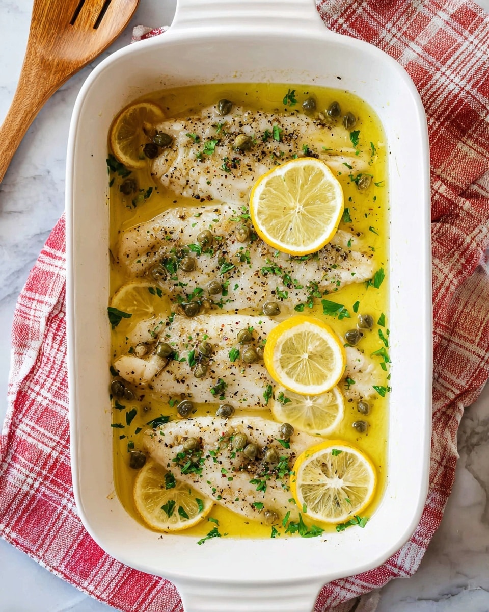 The image shows a white rectangular baking dish filled with five cooked fish fillets laid flat in one layer. The fillets are pale with some light browning, topped with black pepper and chopped green herbs. Bright yellow lemon slices are placed around the fillets, with two slices on top. The dish is covered in a glossy yellow lemon butter sauce with green capers scattered over the fish. The dish is set on a white marbled surface, with a red and white checkered cloth nearby and a wooden spoon handle visible to the side. Photo taken with an iphone --ar 4:5 --v 7
