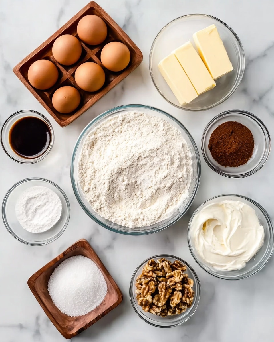The image shows several clear glass bowls and a square wooden tray placed on a white marbled surface. In the center is a large clear bowl filled with white flour. Top left, there is a square wooden tray holding four brown eggs. Around the flour bowl are smaller bowls: one with white sugar at the bottom right, one with dark brown powder (likely cinnamon) near the top right, another with smaller white granules at bottom left, and one with white baking powder next to it. Two sticks of pale yellow butter sit side by side near the top right. A small bowl with dark liquid (vanilla extract) is near the top center, and a clear bowl full of white creamy substance (cream cheese or similar) is at the top right. Lastly, a small glass bowl with chopped walnuts is near the bottom right. The bowls and tray are evenly spaced, all resting on the white marbled surface. Photo taken with an iphone --ar 4:5 --v 7
