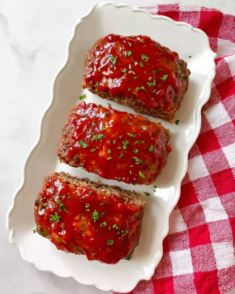 Three meatloaf pieces sit side by side on a long white scalloped plate. Each piece has a brown, slightly textured base topped with a shiny, smooth red sauce that looks thick and spread evenly. Small green herb bits are scattered on top of the sauce and around the plate. The plate rests on a white marbled surface with a red and white checkered cloth partially visible on the right side. Photo taken with an iphone --ar 4:5 --v 7