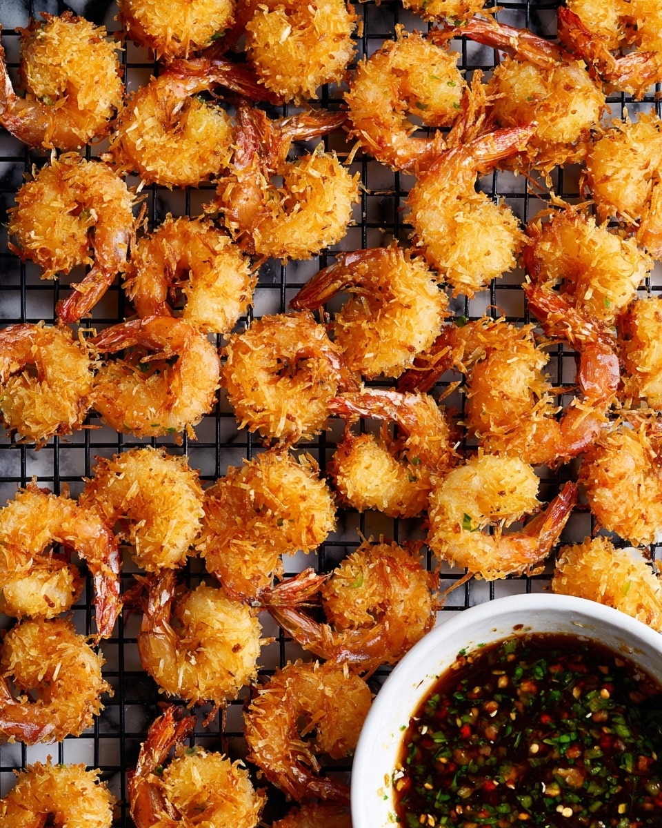 Many small golden brown shrimp are arranged closely together on a black metal grid. Each shrimp is coated with a crispy textured layer that looks crunchy with bits of shredded coating sticking out. Their tails are a slightly darker orange and are sticking out clearly from the breaded bodies. In the bottom right corner, there is a white bowl holding a dark sauce with flecks of green herbs and red spices floating on the surface. The background is a white marbled texture, and the photo taken with an iphone --ar 4:5 --v 7