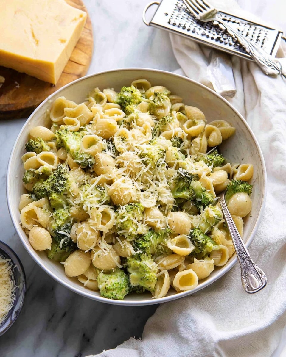 A large white bowl filled with a creamy pasta dish showing two main layers: the first layer is small, light yellow pasta shells mixed with bright green broccoli pieces scattered evenly throughout; the second layer on top is a light sprinkling of grated pale yellow cheese covering the pasta and broccoli slightly. The bowl has a silver spoon inside it resting on the side. In the background, there is a white marbled surface with a chunk of yellow cheese next to a silver grater and a white cloth with two silver forks placed on it. Photo taken with an iphone --ar 4:5 --v 7