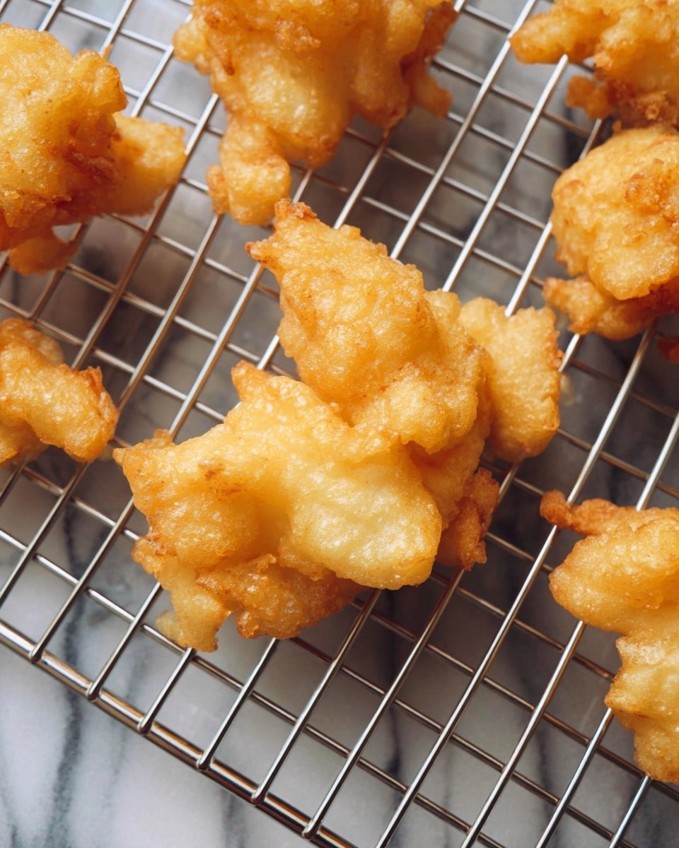 The image shows several small pieces of golden fried food with a bumpy and crispy texture resting on a silver cooling rack. The fried pieces have an uneven shape and a light golden brown color with some rough edges, giving a crunchy look. The cooling rack is placed on a white marbled surface with wavy patterns visible beneath. Photo taken with an iphone --ar 4:5 --v 7
