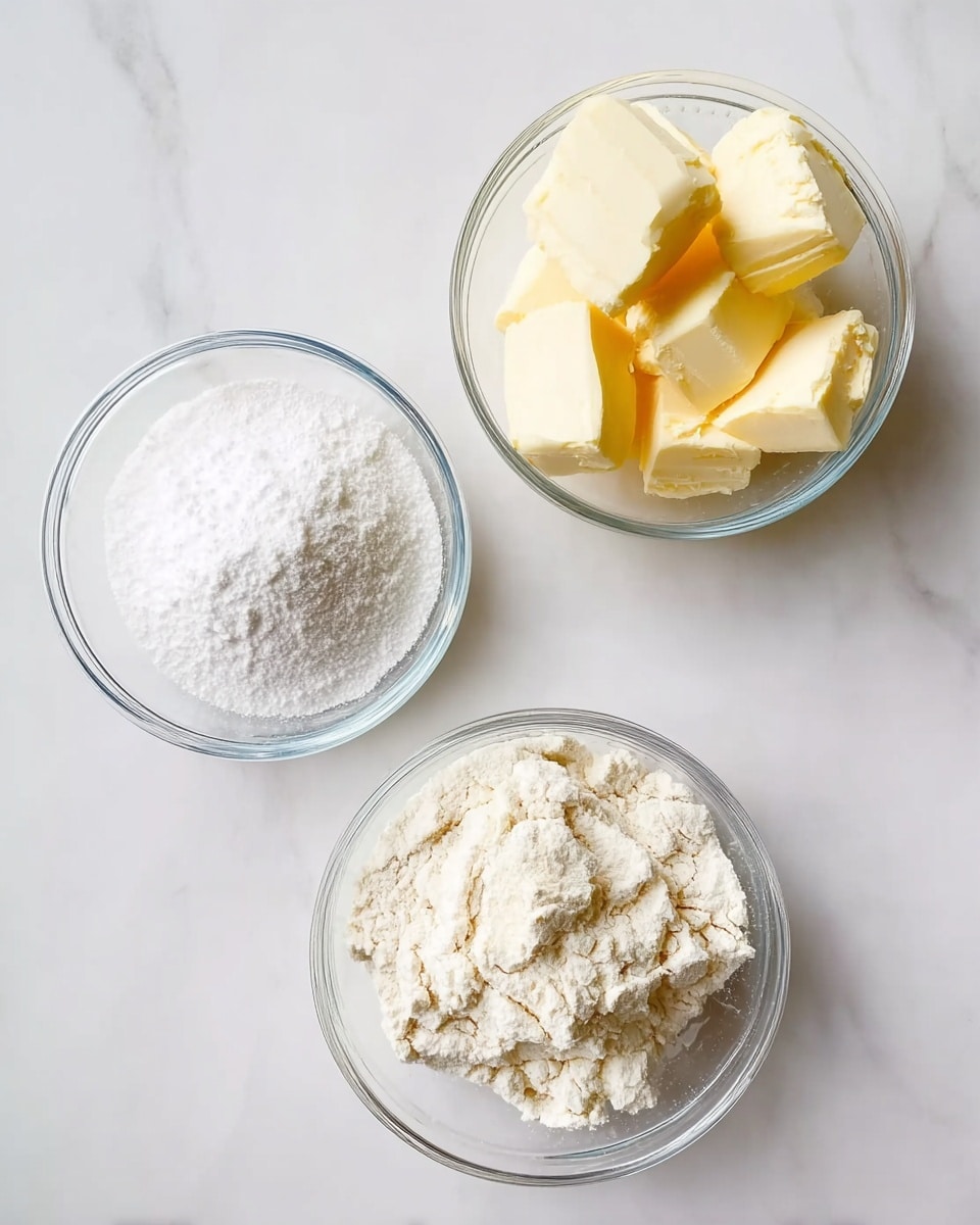 The image shows three small clear glass bowls placed on a white marbled surface. The top-left bowl is filled with fine white powdered sugar, looking light and soft. The top-right bowl contains several chunks of pale yellow butter, smooth and creamy. The bottom bowl holds a mixture of flour with two visible small pieces of butter embedded in it, creating a rough texture with white and off-white colors. The bowls are arranged in a triangular shape, with good lighting that makes the textures and colors easy to see. Photo taken with an iphone --ar 4:5 --v 7