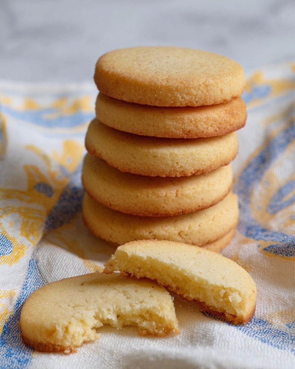 A stack of five round, golden-brown cookies with a smooth surface and slightly crumbly edges sits on a white cloth with blue and yellow patterns. Two more cookies lie in front of the stack, both broken to show a soft, light interior and crumb texture. The white marbled background adds a clean and simple feel to the image. photo taken with an iphone --ar 4:5 --v 7