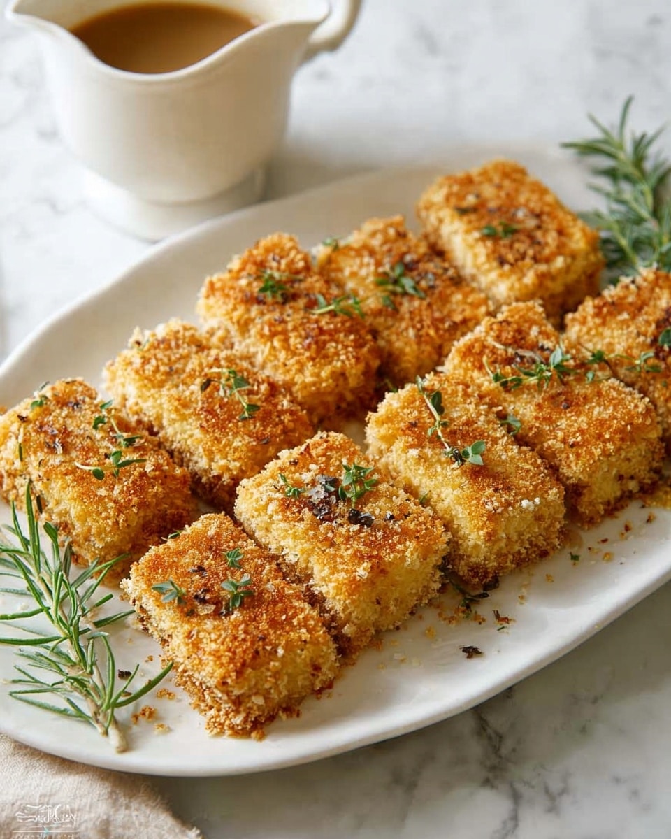 On a white oval plate placed on a white marbled surface, there are nine golden-brown rectangular food pieces arranged in three rows, each piece covered with a crunchy, crumbly textured coating that is light yellow with some darker toasted spots. Small green herb leaves, likely thyme, are scattered over the pieces for garnish, and a sprig of fresh rosemary rests on the left side of the plate. In the background, there is a white sauce pitcher filled with light brown sauce. The scene is brightly lit and clear, with soft natural light highlighting the textures and colors, photo taken with an iphone --ar 4:5 --v 7