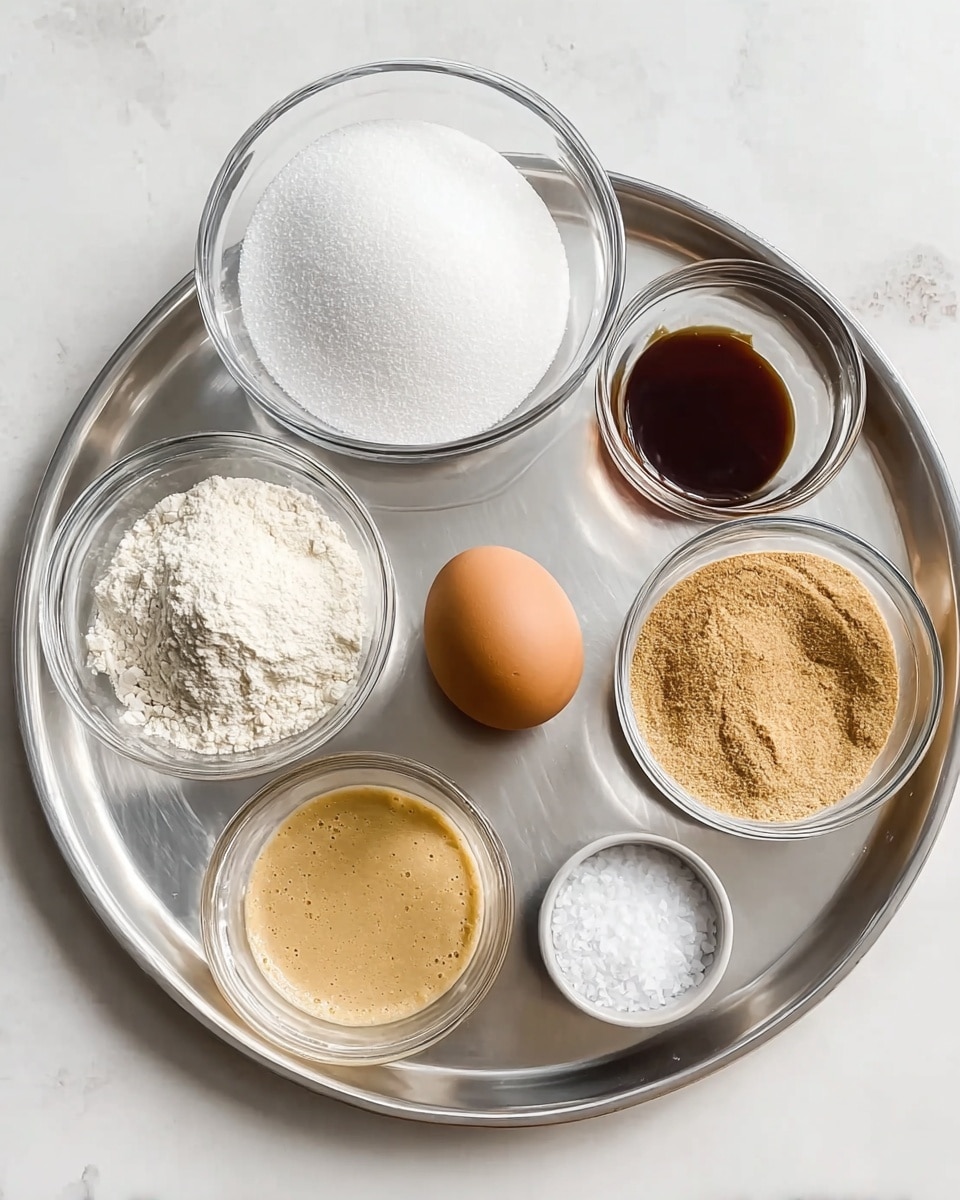 The image shows a silver metal tray resting on a white marbled surface, holding seven ingredients in clear glass bowls and one whole brown egg placed directly on the tray. The top left holds the egg, next to it is a bowl filled with white granulated sugar. To the right on the top row is a small bowl with dark brown liquid, likely vanilla extract. Below the egg is a bowl of light brown sugar, next to it in the middle row is a bowl with a light brown beaten mixture, possibly eggs or melted butter. At the bottom left, a bowl filled with white flour sits next to a bowl of white granulated sugar on the right, and below them, a very small bowl holds fine white salt. The tray is orderly arranged with clean and simple ingredient presentation photo taken with an iphone --ar 4:5 --v 7
