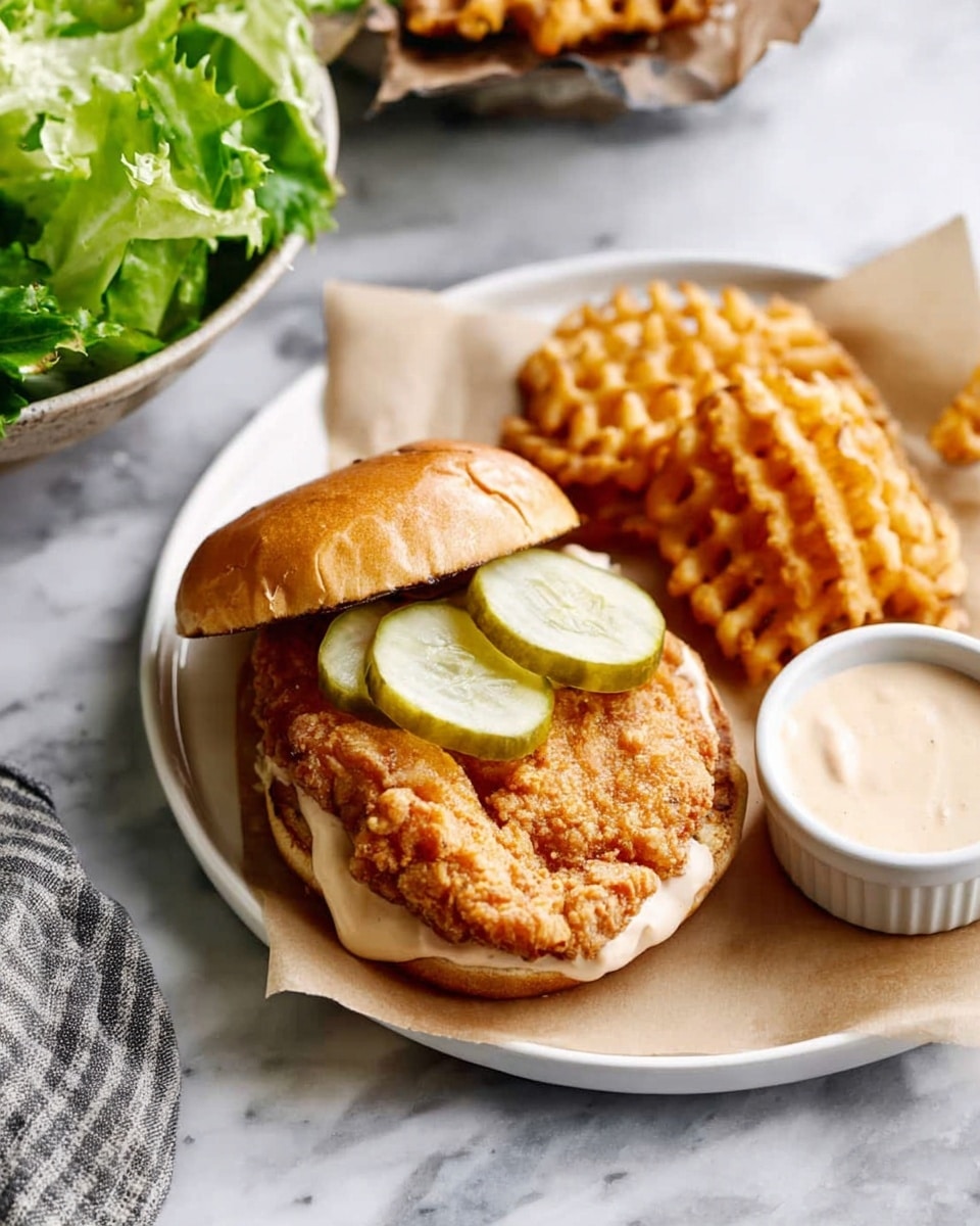 A white sandwich bun is open on a white plate showing two green ronde slices of pickles on the top half, with a creamy light sauce spread under them. The bottom half holds a large, golden brown crispy fried piece with a rough texture. Next to the sandwich, there is a portion of waffle fries, which are light brown and crispy, stacked loosely on brown parchment paper. A small white bowl with a creamy light sauce is placed on the plate. The plate lies on a white marbled surface with a bowl of fresh green leafy lettuce and a woman’s hand holding fries on the edges of the frame. Photo taken with an iphone --ar 4:5 --v 7