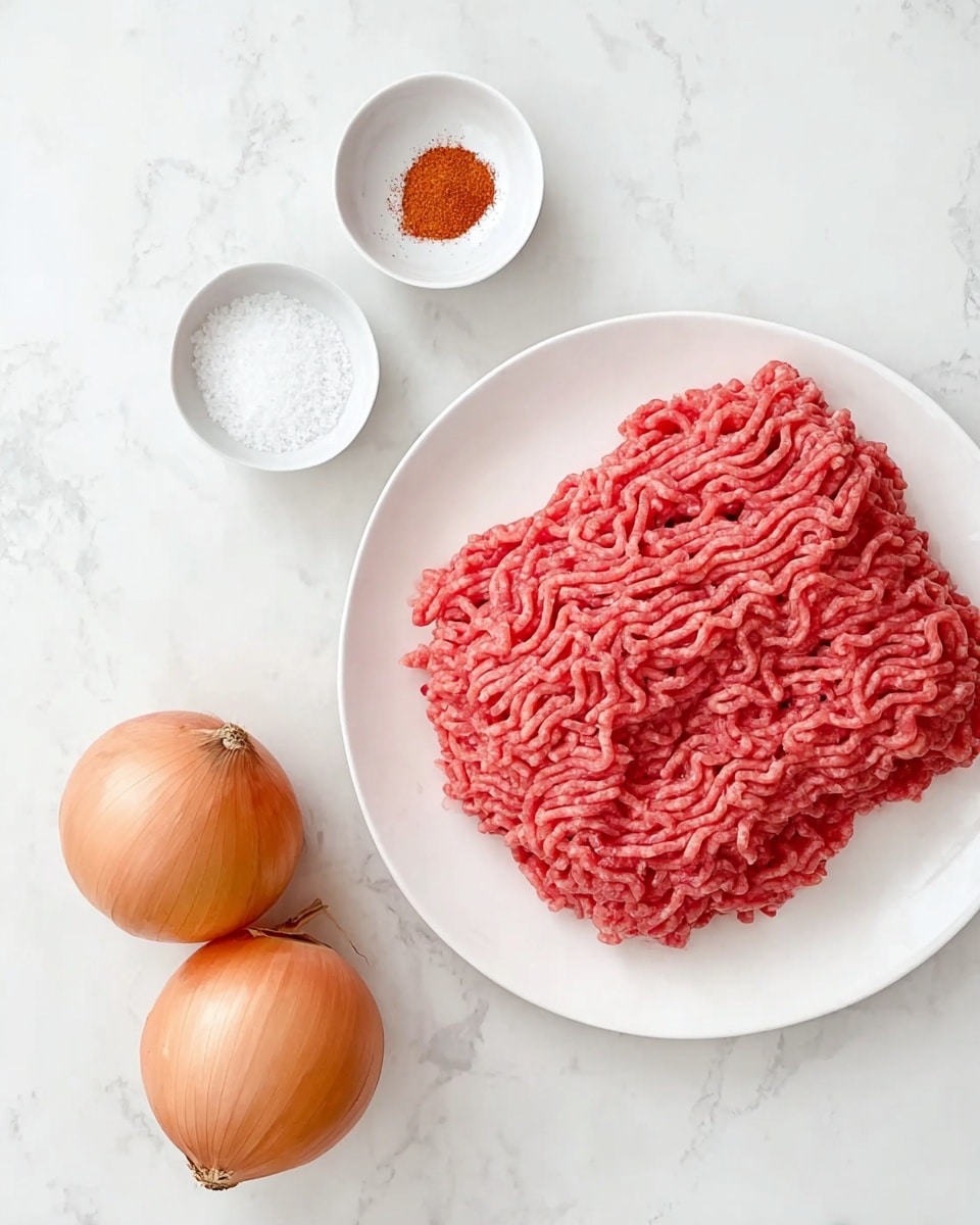 A white plate holds a chunky layer of raw pink ground meat with a slightly stringy texture, placed on a white marbled background. To the right of the plate, two small white bowls are positioned near the top edge; one bowl contains fine white granules, likely salt, and the other holds a small mound of reddish-orange powder, likely a spice. Below these bowls, two round yellow-brown whole onions with smooth skins are set directly on the white marbled surface. The whole arrangement creates a clean and simple visual of raw cooking ingredients. photo taken with an iphone --ar 4:5 --v 7