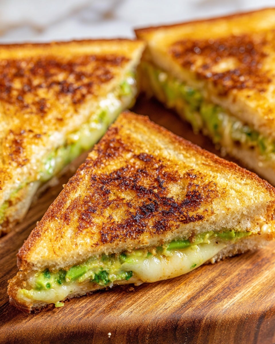The image shows a close-up of a grilled sandwich cut into triangular halves. Each sandwich half has two toasted bread layers with a golden-brown crust, showing a crunchy and slightly charred texture on top. Between the bread layers, there is a green filling made of sliced avocado visible along with melted cheese, both adding a soft texture contrast. The sandwich pieces are placed on a wooden board, and the overall scene is set against a white marbled surface. Photo taken with an iphone --ar 4:5 --v 7