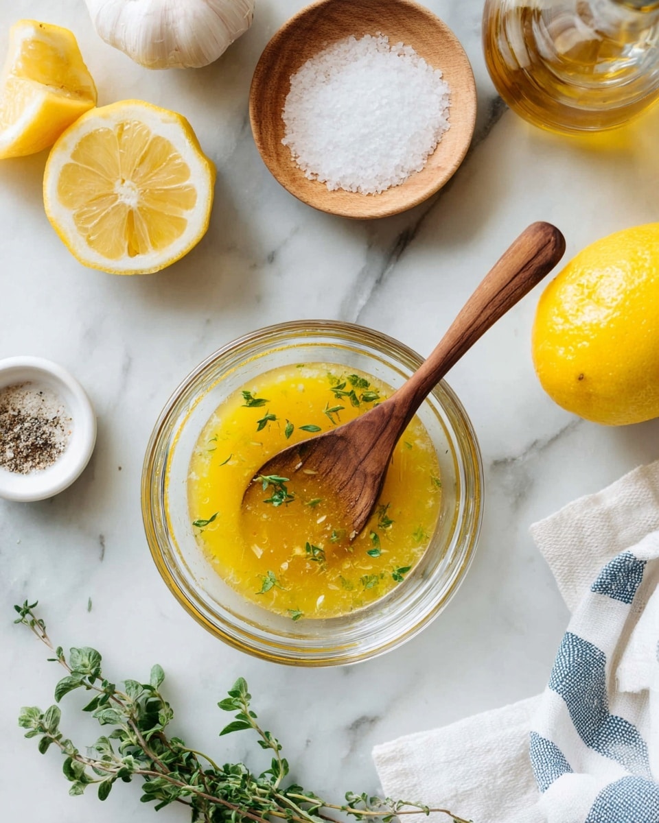 A small clear glass bowl sits in the center on a white marbled surface, filled with bright yellow lemon dressing with tiny green herb leaves floating in it. Inside the bowl rests a wooden spoon with a smooth texture, its brown handle angled to the upper right. Surrounding the bowl, there are two lemon halves showing their juicy pale yellow-inside left, a whole lemon with a smooth bright yellow peel on the right, a white garlic bulb on the upper left, and a small round wooden dish of white salt above. Also visible are a small white dish holding salt and pepper, some sprigs of fresh green herbs at the bottom, a clear glass bottle with light brown oil near the top right, and a white kitchen towel with blue stripes on the right edge. photo taken with an iphone --ar 4:5 --v 7