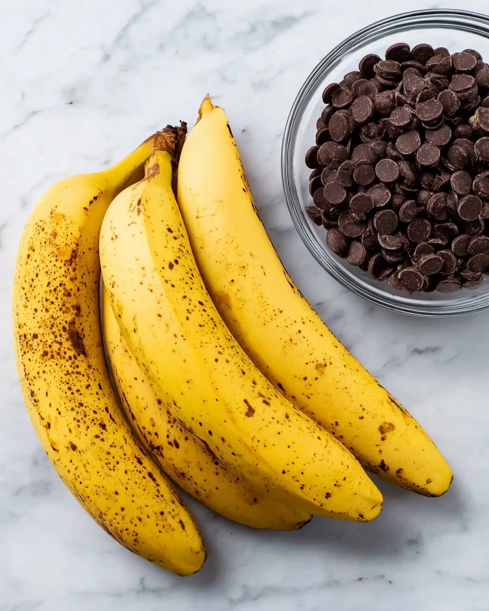 The image shows four ripe yellow bananas with brown spots placed on a white marbled surface on the left side. On the right side, there is a clear glass bowl filled with dark brown chocolate chips. The bananas have a slightly curved shape and a smooth texture with some rough patches. The chocolate chips inside the bowl are round and small, packed closely together. The overall scene is bright and simple with a focus on the bananas and chocolate chips. photo taken with an iphone --ar 4:5 --v 7