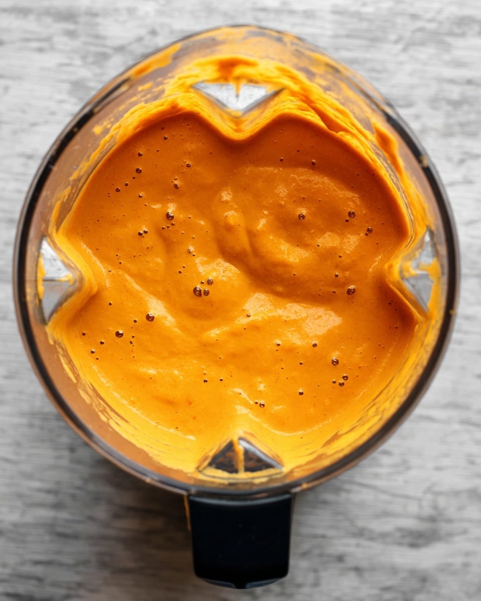 A clear blender container filled with a smooth, thick sauce that is bright orange in color. The sauce has a creamy texture with small air bubbles visible on the surface. The blender is placed on a white marbled surface, and the view is from above, showing the rounded shape of the container and its black handle on the lower right side. The orange sauce fills almost the entire container, with some small spots of the sauce sticking to the sides. photo taken with an iphone --ar 4:5 --v 7