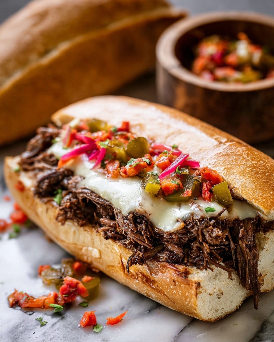 Two sandwiches on a white marbled surface, each with a soft, golden-brown bun as the base and top layer. Between the buns is a thick layer of dark, shredded meat mixed with pieces of bright red and green diced bell peppers that add color and texture. The sandwiches are placed on a metal tray, and the background is softly blurred to keep the focus on the detailed sandwich layers. Photo taken with an iphone --ar 4:5 --v 7