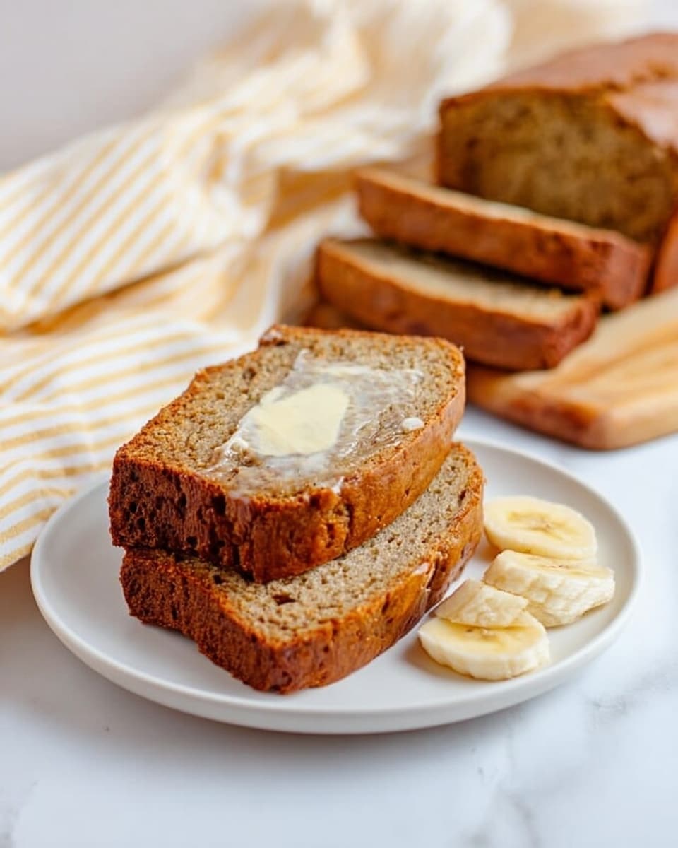 The image shows three slices of brown banana bread stacked unevenly on a white plate with two banana slices beside them on the right. The top slice is spread with a light layer of butter that is soft and slightly melted. In the background, the remaining loaf of banana bread rests on a wooden board, partly sliced. The whole scene is set on a white marbled surface with a folded cream and yellow striped cloth draped softly in the upper left corner. Photo taken with an iphone --ar 4:5 --v 7