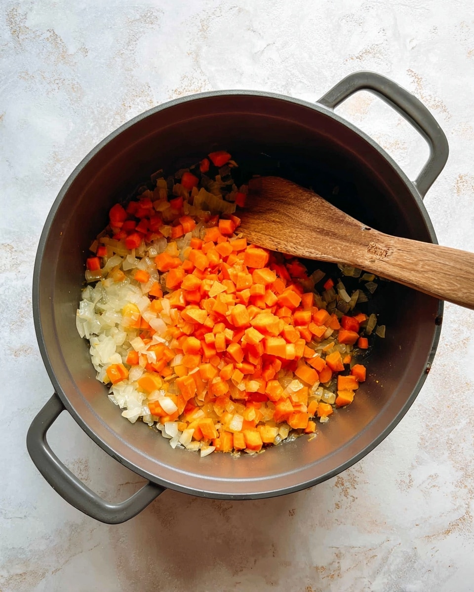 A top-down view of a dark gray cooking pot containing two layers of diced vegetables: a bottom layer of translucent cooked onions and a top layer of bright orange cooked carrots, both cut into small cubes, with a wooden spoon resting inside the pot on the right side. The pot sits on a white marbled surface. photo taken with an iphone --ar 4:5 --v 7