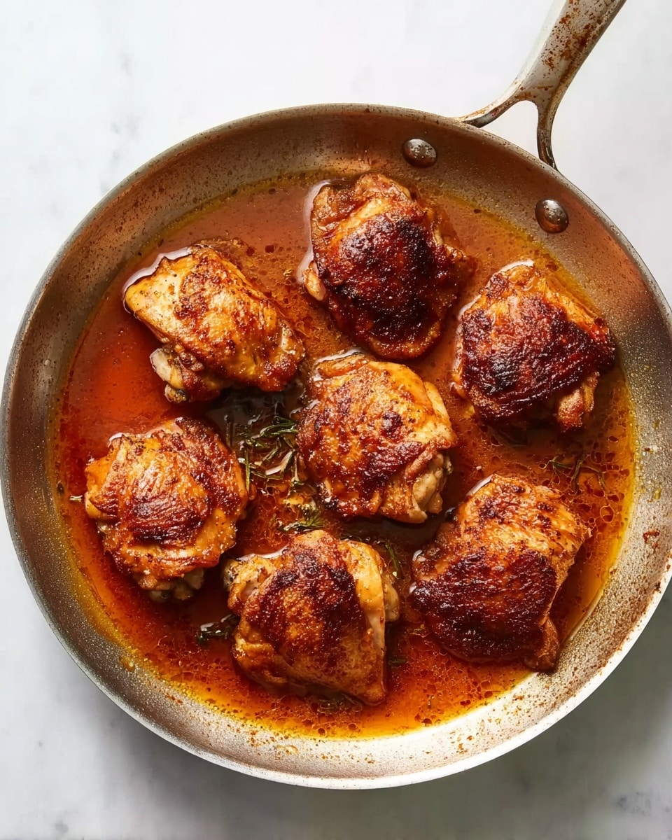 A silver frying pan placed on a white marbled surface holds seven pieces of browned chicken, each with golden crispy skin and a slight char. The chicken pieces rest in a shallow pool of reddish-brown sauce with visible oil and small bits of herbs or seasoning. The sauce glistens around the chicken, adding shine and warmth to the overall look. The pan handle extends out to the right side, slightly worn and used, enhancing the rustic feel of the scene. photo taken with an iphone --ar 4:5 --v 7