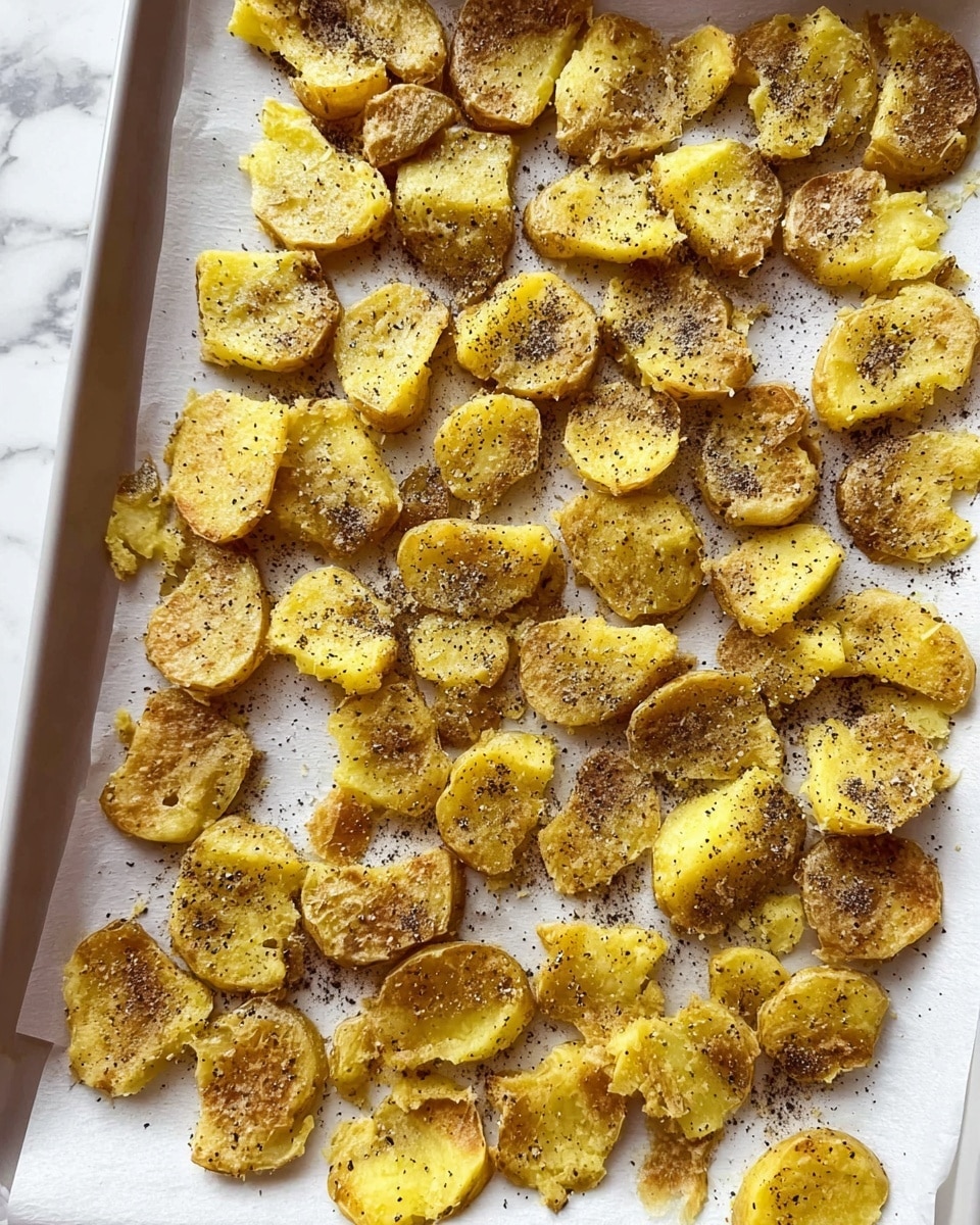 The image shows a white baking tray lined with white parchment paper, filled with many small pieces of smashed cooked potatoes. Each potato piece has a golden yellow inside with light brown skin edges, and they are unevenly shaped. The potatoes are sprinkled with black pepper, adding small dark specks on top. The texture of the potatoes looks soft and slightly rough, with some bits broken off. The whole tray sits on a white marbled surface. Photo taken with an iphone --ar 4:5 --v 7