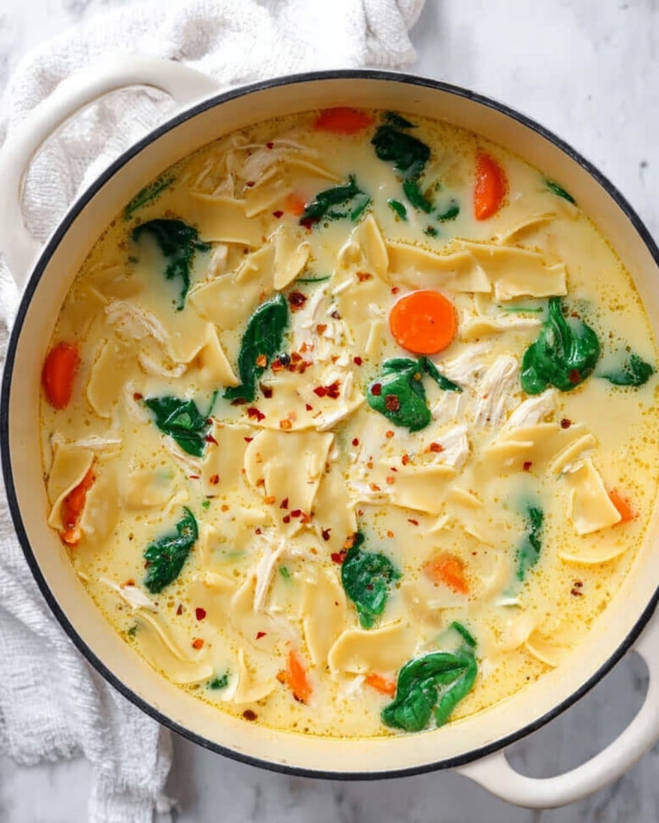A large white pot filled with creamy chicken soup. The top layer shows wide, wavy-edged pasta sheets floating in light yellow broth. Bright orange carrot slices and green spinach leaves are spread across the surface, adding color. Small pieces of shredded white chicken are visible under the broth. A few red pepper flakes are sprinkled on top. The pot sits on a white marbled background with a white cloth nearby. Photo taken with an iphone --ar 4:5 --v 7