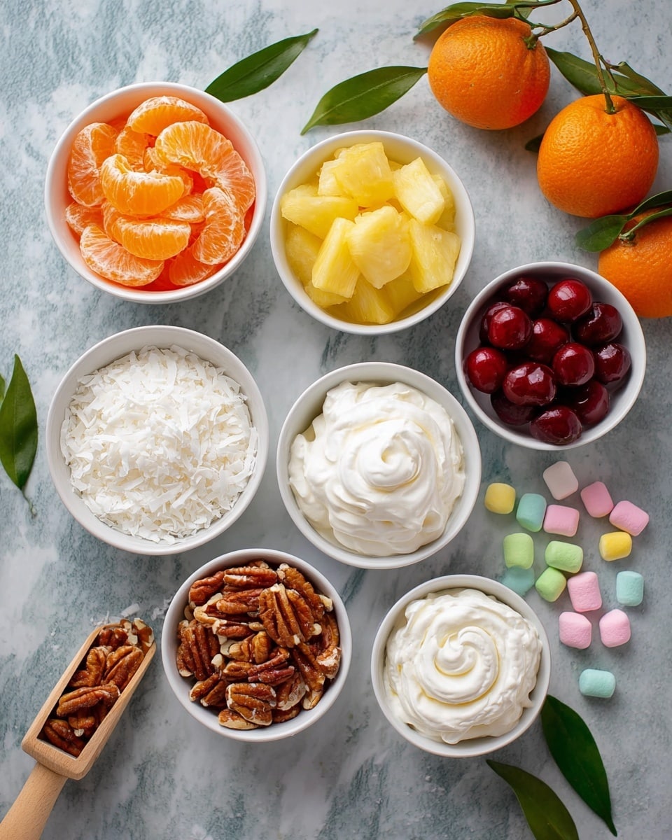 The image shows seven small white bowls arranged on a white marbled surface, each holding a different ingredient. From top left clockwise, the first bowl contains bright orange mandarin segments with a glossy texture. Next, a bowl holds shiny, yellow pineapple chunks. The next bowl is filled with deep red maraschino cherries, smooth and glossy. Below that, a bowl contains white creamy whipped cream, smooth and swirled. Another bowl next to it holds white cream cheese with a soft, thick texture. The next bowl has small, colorful pastel mini marshmallows in pink, green, yellow, and white. Below and to the left, there is a bowl filled with white shredded coconut, fluffy and fine. In front, a wooden scoop holds chopped pecans, brown and chunky. Scattered around the bowls are whole bright orange tangerines with green leaves attached. Photo taken with an iphone --ar 4:5 --v 7