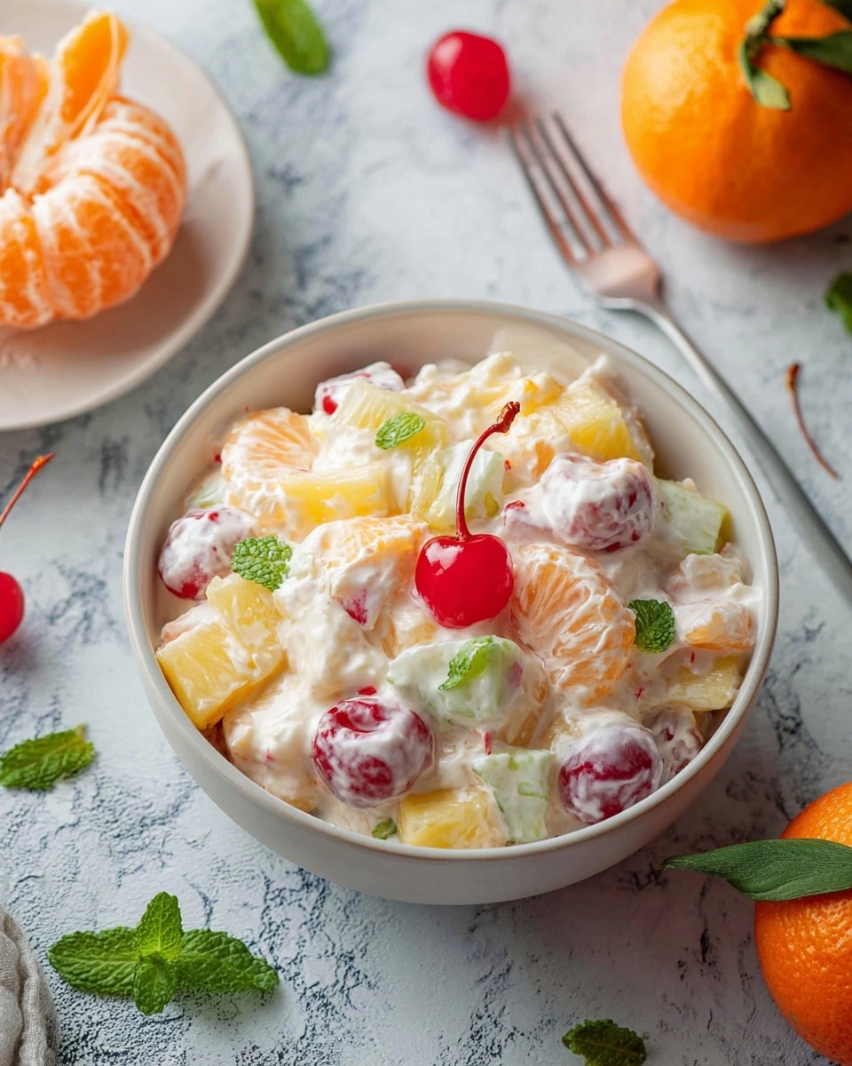 The image shows a white bowl filled with a creamy fruit salad made of mixed fruits like yellow pineapples, red cherries, and green pieces covered in a white creamy dressing. The salad is topped with a bright red cherry and a few small green mint leaves scattered around. The bowl sits on a white marbled surface with a peeled orange and whole oranges with green leaves placed nearby. A silver fork and extra mint leaves are placed to the side, adding to the fresh look of the scene. Photo taken with an iphone --ar 4:5 --v 7