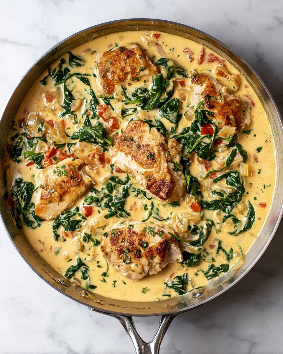 This image shows a round pan filled with a creamy sauce mixed with several cooked pieces of golden brown chicken on top. The creamy sauce has a pale yellow color and is dotted with green spinach leaves, small red tomato pieces, and finely chopped onions. The chicken pieces sit near the center of the pan, slightly overlapping each other, and the sauce gently surrounds them. The pan is placed on a white marbled surface and the sauce looks thick and smooth with visible herbs. The pan’s edge and handles are shiny silver. Photo taken with an iphone --ar 4:5 --v 7